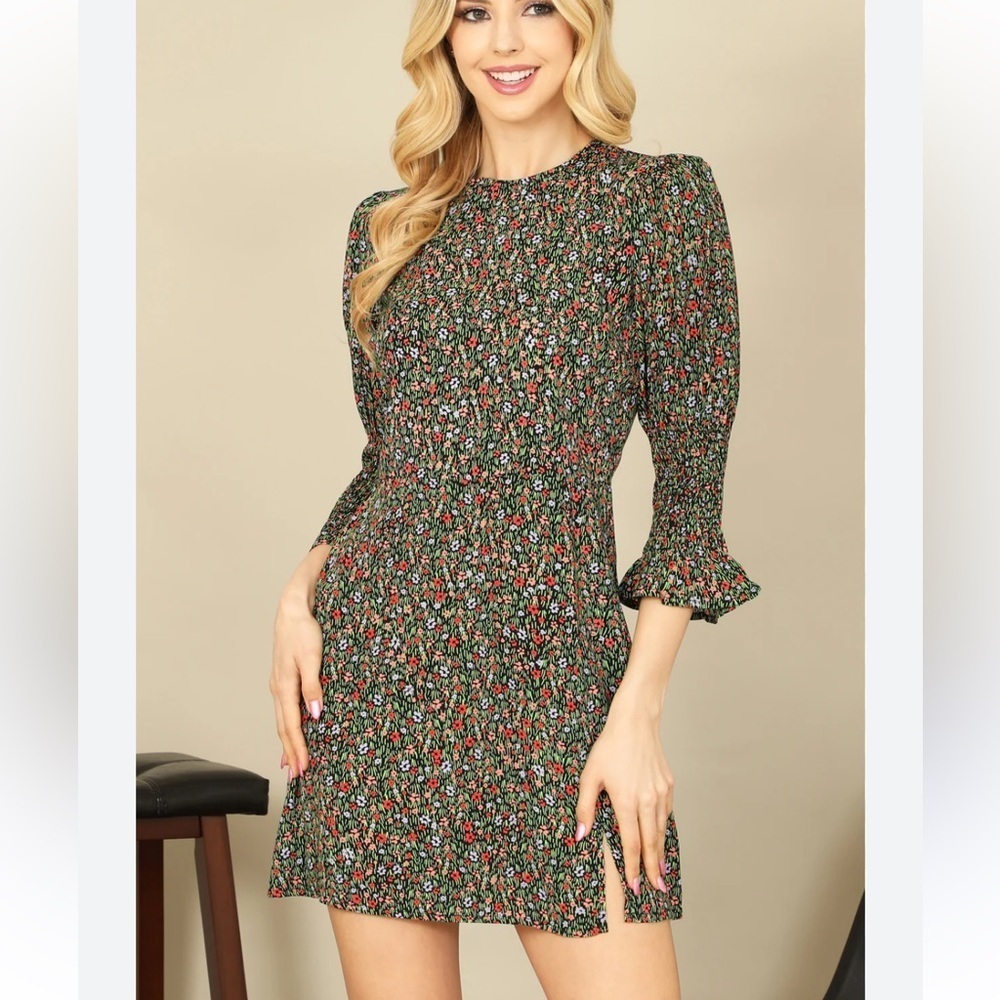 Olivaceous Black Floral Mini Dress with Red and Green Accents